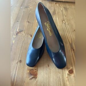Salvatore Ferragamo Women's Blue BG Vintage Leather Block Heels
